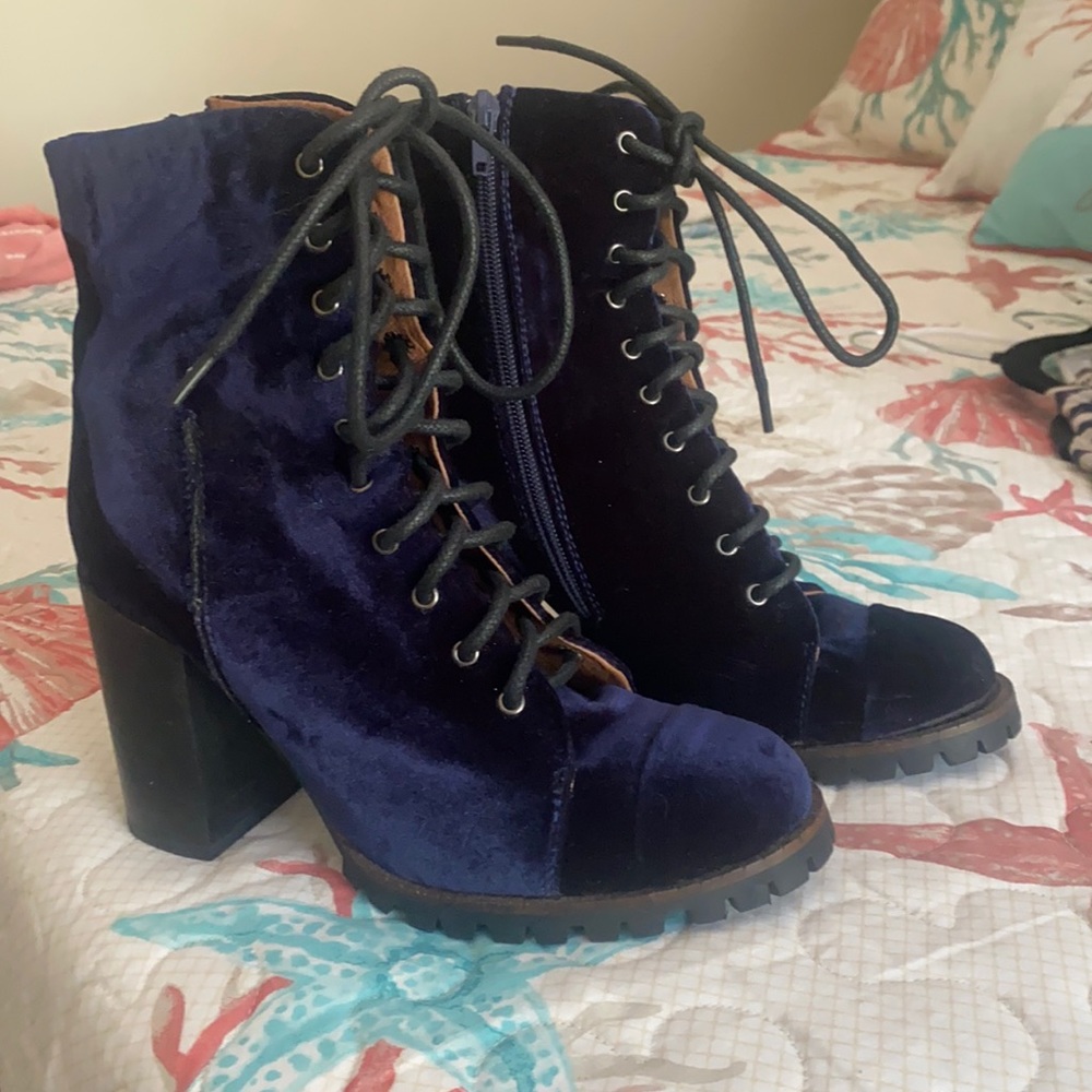Jeffrey Campbell blue velvet heeled ankle boots